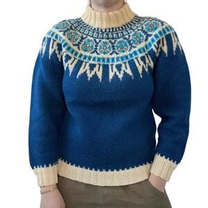 Vintage 1960s Hand Knit Fair Isle Norwegian Blue Chunky Wool Nordic Sweater Sz M
